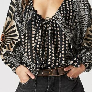 Free People “Elena” Floral Black and Cream Women's Peasant Top